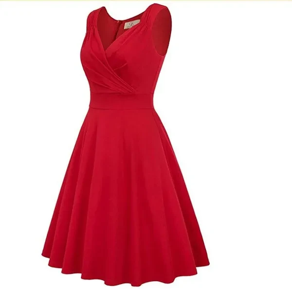 Women 50s Vintage Sleeveless V-Neck A-Line Swing Party Cocktail Dress