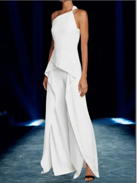 2020 New Women Fashion Solid Color Sleeveless One Shoulder Irregular Jumpsuit